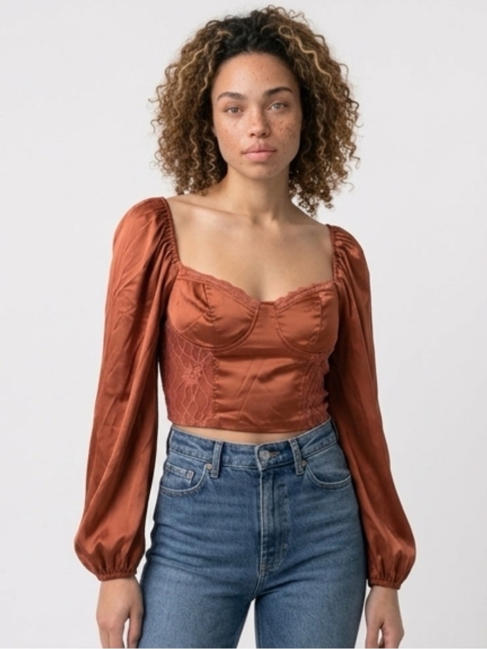 Fashion Nova Like New Satin Corset Style Cropped Blouse in Cooper Size XS